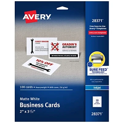 Image of Avery Printable Business Cards with Sure Feed Technology, 2&quot; x 3.5&quot;, White, 100 Blank for Inkjet Printers (28371)