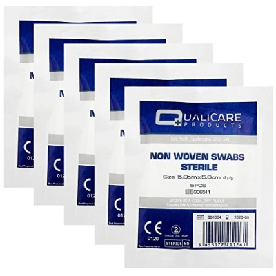Image of Qualicare None Woven 4PLY Sterile Gauze Medical Swabs Single Pack, 5cm x Sqaure 5 Pack (25 Swabs)