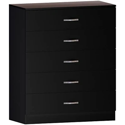 Image of Vida Designs Black Chest of Drawers, 5 Drawer With Metal Handles and Runners, Unique Anti Bowing Support, Riano Bedroom Furniture