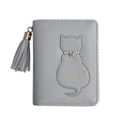 Image of Oyccen Cute Cat Ladies Wallet Tassel Coin Purse with Zipper Pocket Short PU Leather Card Case