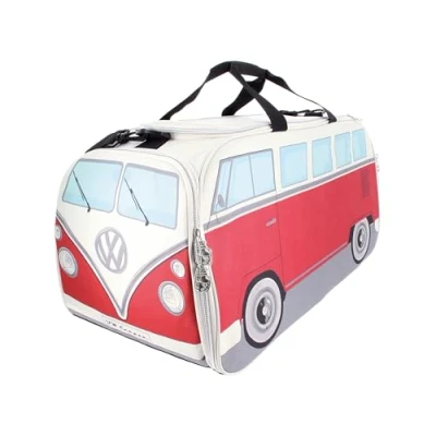 Image of BRISA VW Collection Volkswagen Retro Sport Shoulder Fitness Bag Duffel in T1 Bus Campervan Shape (Large/Classic Bus/Red &amp; Beige)
