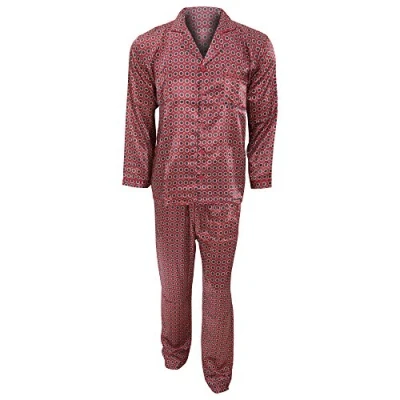 Image of Mens Traditional Patterned Long Sleeve Satin Shirt &amp; Bottoms Pyjamas/Nightwear Set (XL Chest: 44inch) (Red)