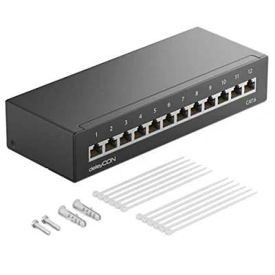 Image of deleyCON CAT 6 Patch Panel Distribution 12 Port 1HE Desktop &amp; Wall Mounted Shielded 12x RJ45 Socket LAN Network Installation Cable TIA568A TIA568B RAL 9005 Black
