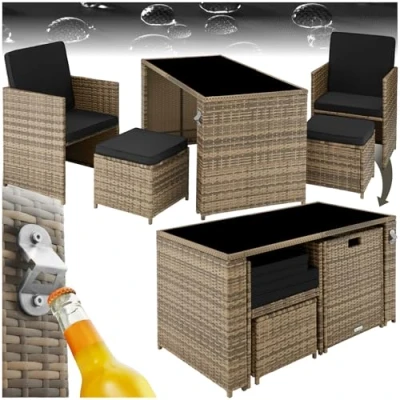 Image of TecTake® Rattan garden chair set, 2 chairs, stools, 1 Table with Safety Glass Top, UV Resistant PolyRattan, Steel Frame, Easy Assembly for Garden, Patio, conservatory natural