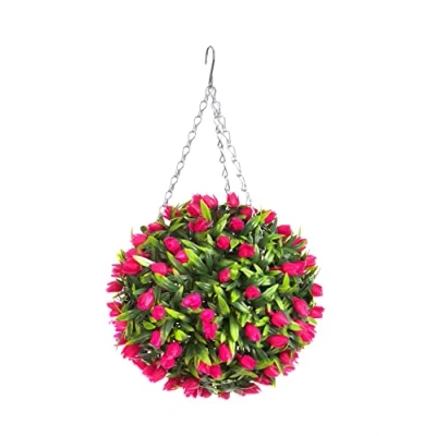 Image of Best Artificial TULIP Flower Ball Lush Long Leaf Topiary Grass (28cm, Pink)