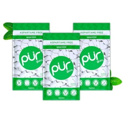 Image of PUR Gum Sugar Free Chewing Made with Xylitol Vegan, Aspartame Free, Gluten &amp; Keto Friendly Natural Spearmint Flavoured Gum, 55 Pieces (Pack of 3)