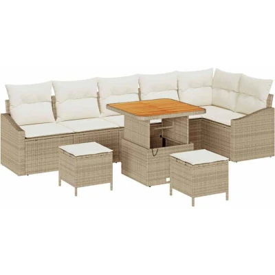 Image of vidaXL 9 Piece Garden Sofa Set with Cushions Beige Poly Rattan Acacia