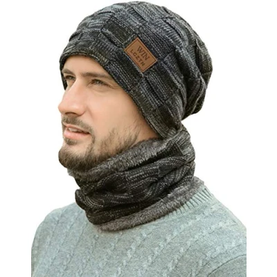 Image of LCZTN Mens Winter Beanie Hat Scarf Set Warm Fleece Lined Knit Ski Hats Slouchy Skull Cap for Unisex Gift