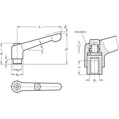 Image of Ganter Standard Elements Adjustable Clamping Levers with Threaded Bush GN 300 Bushing Burnished Steel Handle Zinc Pressure Die Casting Black Plastic Coated, Black, 108 M14 SW