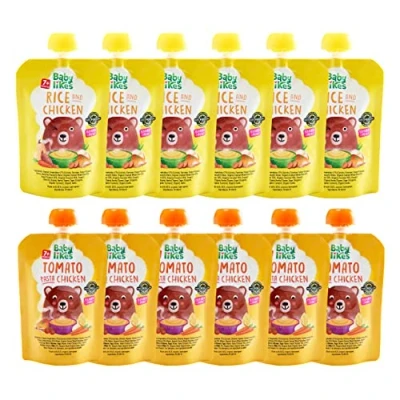 Image of Baby Likes Halal Organic Food Pouches Stage 2 Mixed Combo Pack Rice and Chicken 6 x 130g, Tomato Pasta 130g Suitable for 7+ months