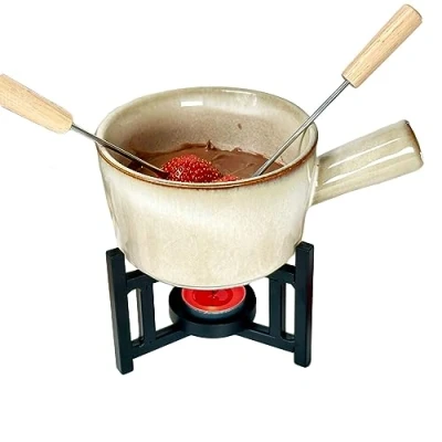 Image of Chocolate Fondue Set 17x14x12cm Reactive Glaze Ceramic Melting Cheese Food Pot 2 Forks Kit