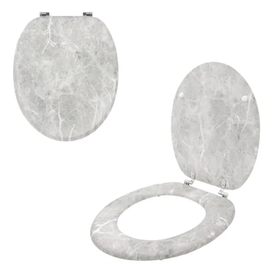 Image of Anika 92549 Grey Marble Effect Toilet Seat/Chrome Hinges/Easy Installation / 43cm x 37.5cm