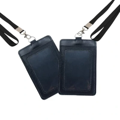 Image of 2 Pack Vertical PU Leather ID Badge Card Holder with Lanyard &amp; Slot, Clear Window Name Case for Access Card, Business Credit School Work ID, Tags (Black)