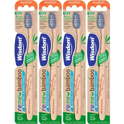 Image of Wisdom re:New Bamboo Medium Toothbrush Pack of 4 Vegan Plant Based filaments