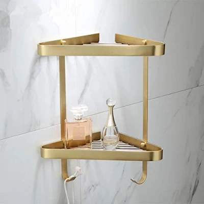 Image of Bathroom Corner Shelf Brass Shower Rack Brushed Gold Bath Caddy Holder Wall Mounted