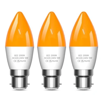 Image of Lamptobe Amber Light Bulbs 2000K, C35 BC B22 LED Bayonet Candle Bulb 3W Yellow Soft Warm Sleep Blue Blocking for Bedroom,Healthy Sleep, Baby Nursery Light, Night 3 Pack