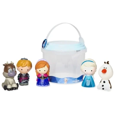 Image of Disney Store Official Frozen Bath Toy Set, 5 Pc. Includes Anna, Elsa, Olaf, Sven and Kristoff Toys with Storage Bucket, Suitable for 6 Months+