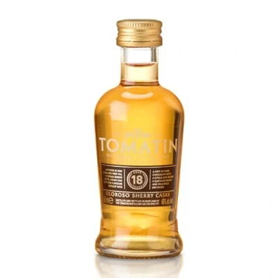 Image of Tomatin 18 Year Old Highland Single Malt Scotch Whisky 46% alcohol/vol 5cl Miniature Glass Bottle in Gift Box