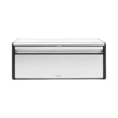 Image of Brabantia Fall Front Bread Bin Large Countertop Storage Box for Bread, Bagels, Rolls Space Saving Design with Flat Top Matt Steel