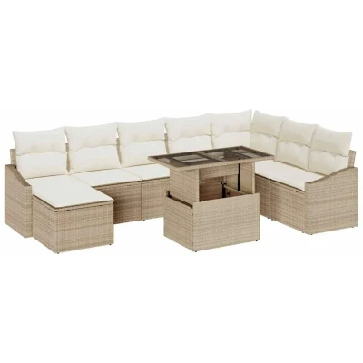 Image of vidaXL 9 Piece Garden Sofa Set with Cushions Beige Poly Rattan