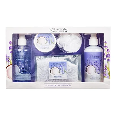 Image of Scents of Collinwood 5 Piece Women’s Attractive Lavender Coconut Scent Bath Box Set Includes Shower Gel, Shampoo, Body Butter, Salts and a Puff, Purple
