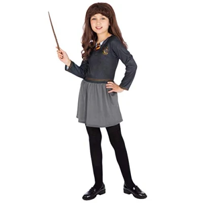Image of Harry Potter Girls Hermione Fancy Dress with Wand and Wig Black 9 10 Years
