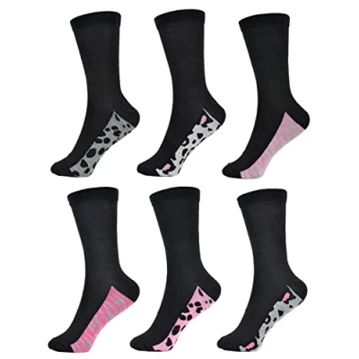 Image of Thingimijigs 6 Pairs Ladies Black Ankle Socks with Animal Print Soles