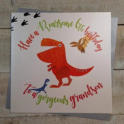 Image of white cotton cards XR41 6GS Large&quot;Have a Roarsome 6th Birthday to Gorgeous Grandson&quot; Handmade Card