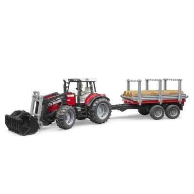 Image of Bruder Massey Ferguson 7480 with frontloader and timber trailer 1:16 Toys
