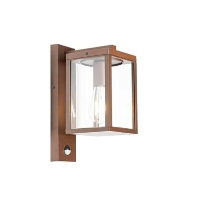 Image of Qazqa Outdoor Wall Lantern Rust Brown with Motion Sensor IP44 Charlois Garden Industrial Suitable for LED E27 1 Light Aluminium Security