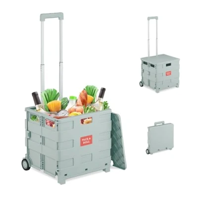 Image of Relaxdays Shopping Trolley, Foldable, Basket with Wheels, Lid &amp; Telescopic Handle, up to 35kg, Cart, Basket, Grey