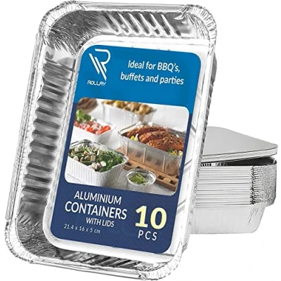 Image of Rollay 10 Pack Aluminium Foil Trays with Lids 21.4x16x5cm/1000ml Food Containers for Storage, Baking, Roasting, Takeaway and Party (Pack of Lids)