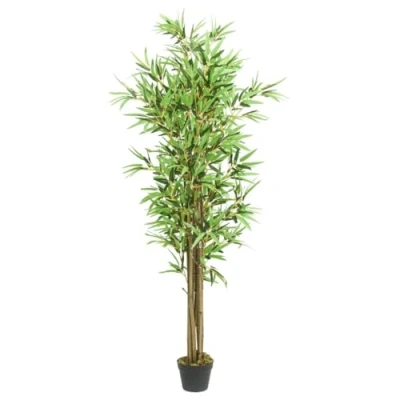 Image of &#039;vidaXL Artificial Bamboo Tree with Real Trunks, Textile Fibre Leaves, Green, 180 cm Tall, Placed in Plastic Rectangular Pot For Indoor/Outdoor Decor