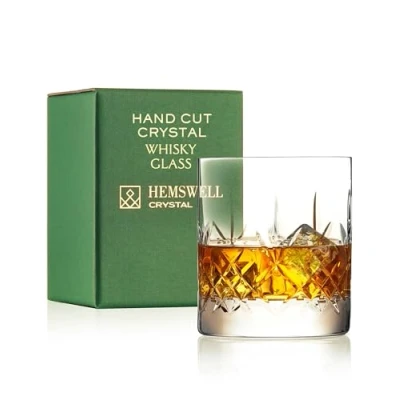 Image of Hemswell Crystal Single Whiskey Tasting Glass 310ml Old Fashioned Glasses Tumbler Traditional Cut Lead Free High Clarity Whisky Presentation Box