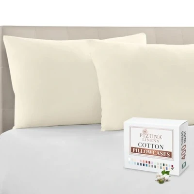 Image of Pizuna 100% Cotton Housewife Pillowcases 2 Pack Ivory 48x74cm, 400 Thread Count Long Staple Combed Pillow Cover, Sateen Weave Standard Pillowcase (Cotton of 2)