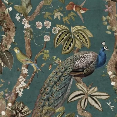 Image of Holden Decor Peacock Woods Aqua Wallpaper 13682