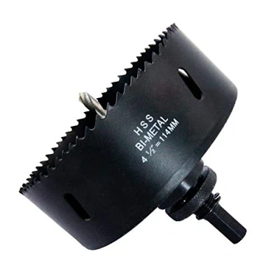 Image of 4.5inch Hole Saw LAIWEI Bi Metal 114mm with Heavy Duty Mandrel, HSS 4 1/2&quot;Hole Cutter for Pipe, Wood, Sheet Metal, etc. 2 locking pins make the tool stronger and drilling easier（114mm)