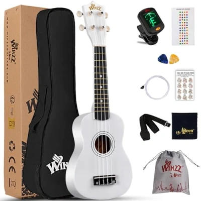 Image of Winzz Ukulele for Kids 21 inch, Soprano Adults Beginner, White Children Starter Kit with Fingerboard Stickers，Chords Card, Tuner, Strap, Extra Strings, Bag (9 Accessories)