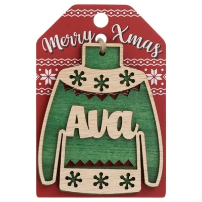 Image of Ava Name Christmas Jumper Wooden Tree Decoration Personalised Bauble Xmas Green