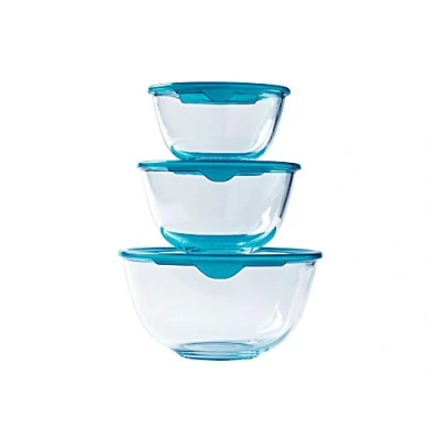 Image of Pyrex Set of 3 resistant glass mixing/salad bowls with lids 0.5L 1L 2L Made in France