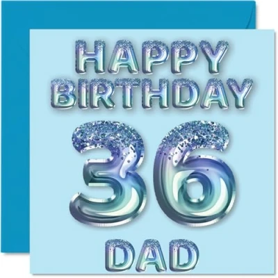 Image of 36th Birthday Card for Dad Blue Glitter Party Balloons Happy Cards 36 Year Old Father from Son Daughter, 145mm x Bday Greeting Gift