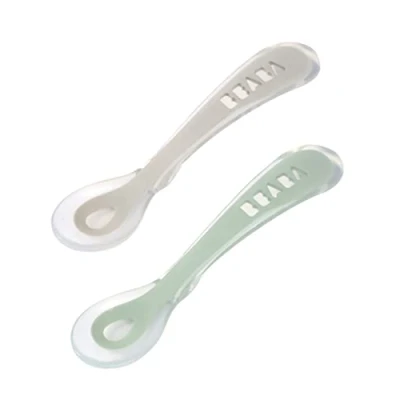 Image of Béaba Silicone Spoon for Baby and Children Set of 2 Stage Soft with Carrying case Ergonomic Handle Velvet Grey/sage Green