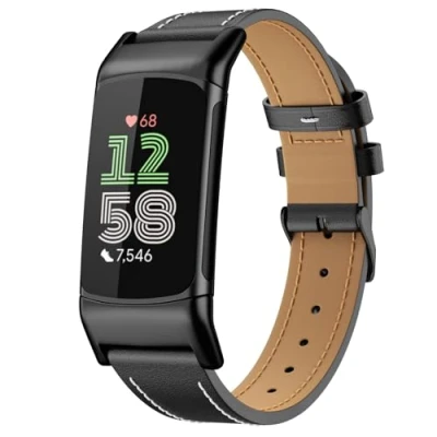 Image of MoKo Leather Strap Compatible with Fitbit Charge 6/Fitbit 5 for Women Men, Genuine Watch Band Replacement Wristband, Black