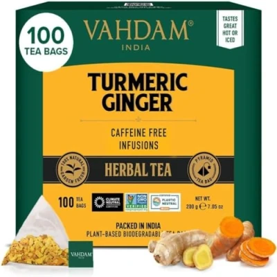 Image of VAHDAM, Turmeric Ginger Herbal Tea Bags (100 Pyramid Bags) Caffeine Free, Non GMO, Gluten Free 100% Pure Blend Savory &amp; Spicy Plant Based Resealable Ziplock Pouch