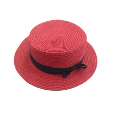 Image of ACVIP Women&#039;s Solid Color Straw Boater Hat with Bow Band (Red)