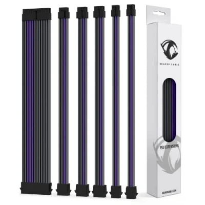 Image of Reaper Cable Sleeved PSU Extension Set Power Supply Extensions 1x 24 Pin/ 2x 8 6 4+4 Pin With Combs 30cm (Carbon &amp; Purple)