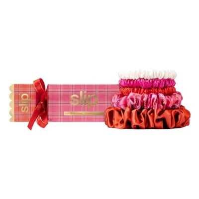 Image of slip Scrunchies in Holiday Cracker Packaging Anti Crease, Breakage Slipsilk Design Protects Delicate Hair Includes 5 Assorted Pure Silk Scrunchies, Scarlet