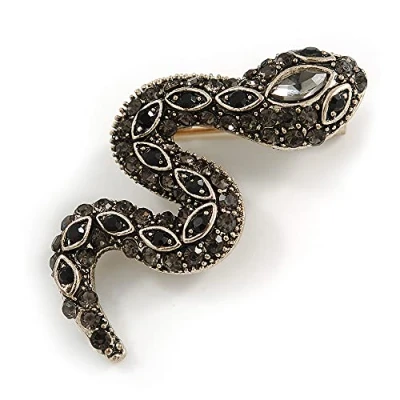 Image of Avalaya Small Grey/Black Crystal Snake Brooch in Aged Gold Tone Metal 40mm Long