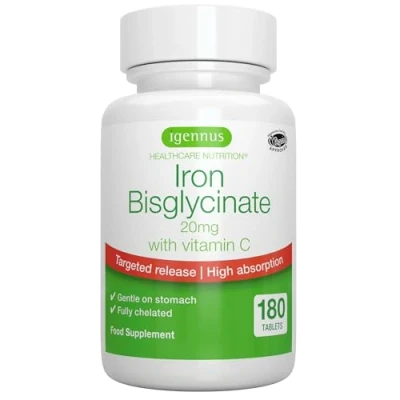 Image of High Absorption Chelated Iron Bisglycinate 20mg with Vitamin C, Gentle Formula, Clean Label &amp; Targeted Release, One Daily, Vegan, 180 Tablets, by Igennus