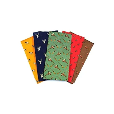 Image of Pack of 5 Soprano luxury 100% cotton country handkerchiefs Featuring partridge, stags, pheasants, pointers &amp; foxes, 40cm x square, One Each Yellow / Brown Green Red Blue